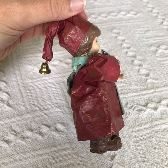Vintage 1960s Paper Mache Caroler Girl Ornament w Bell & Bottle Brush Tree - Picture 3 of 9